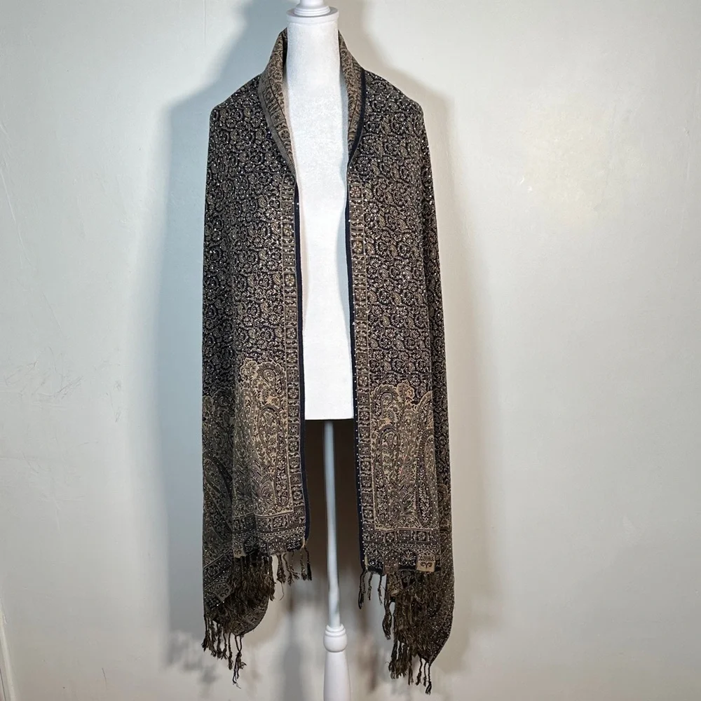 Pashmina Reversible Paisley Scarf Navy Blue & Beige Fringe And Small Sparkles